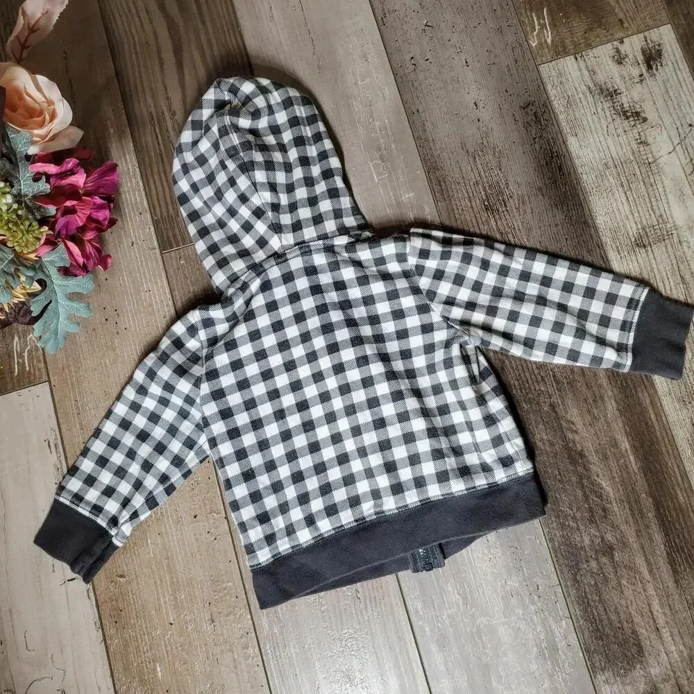 Carter's Gray and White Checkered Hooded Jacket Full Zip Baby Boy Size 12m EUC